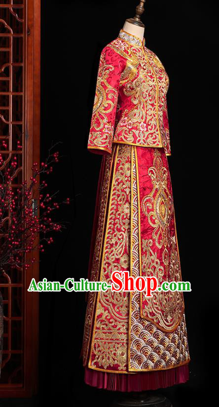 Chinese Traditional Wedding Embroidered Clothing Classical Bride Toast Costumes Xiuhe Suit Drilling Red Outfits Chinese Traditional Wedding Embroidered Clothing Classical Bride Toast Costumes Xiuhe Suit Drilling Red Outfits