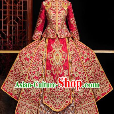 Chinese Traditional Wedding Embroidered Clothing Classical Bride Toast Costumes Xiuhe Suit Drilling Red Outfits
