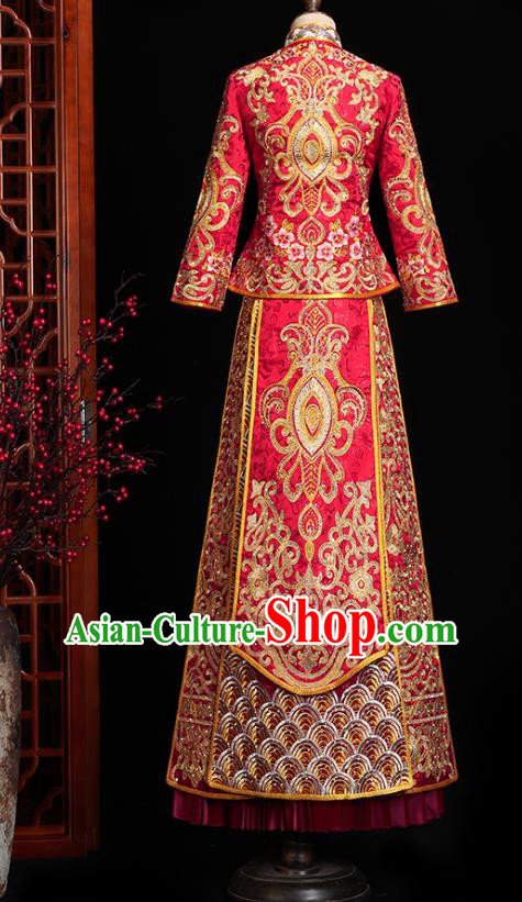 Chinese Traditional Wedding Embroidered Clothing Classical Bride Toast Costumes Xiuhe Suit Drilling Red Outfits Chinese Traditional Wedding Embroidered Clothing Classical Bride Toast Costumes Xiuhe Suit Drilling Red Outfits