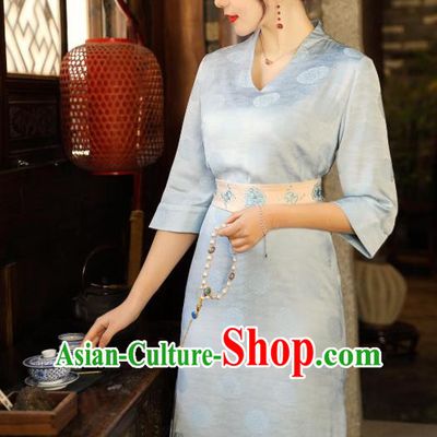 Chinese Traditional Cheongsam National Light Blue Brocade Qipao Dress Clothing