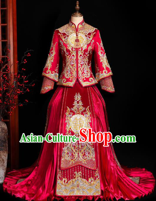 Chinese Traditional Xiuhe Suit Drilling Red Outfits Wedding Embroidered Clothing Classical Bride Toast Costumes Chinese Traditional Xiuhe Suit Drilling Red Outfits Wedding Embroidered Clothing Classical Bride Toast Costumes
