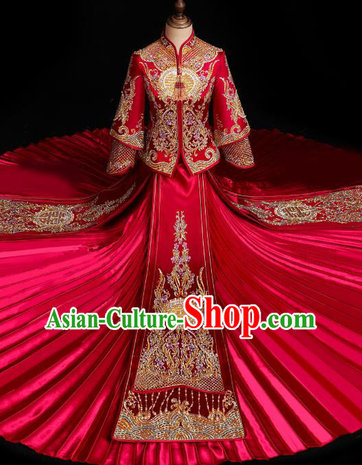 Chinese Traditional Xiuhe Suit Drilling Red Outfits Wedding Embroidered Clothing Classical Bride Toast Costumes Chinese Traditional Xiuhe Suit Drilling Red Outfits Wedding Embroidered Clothing Classical Bride Toast Costumes