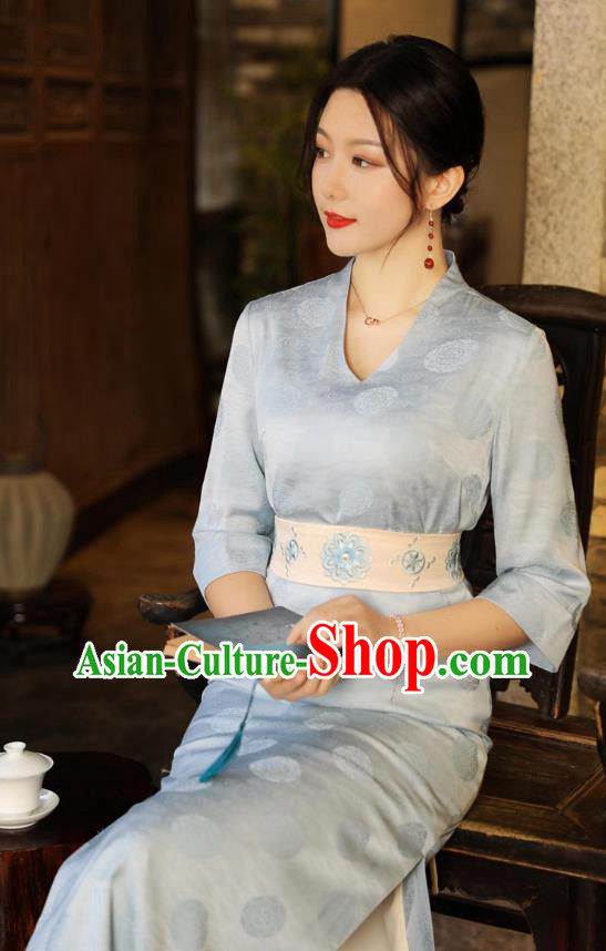 Chinese Traditional Cheongsam National Light Blue Brocade Qipao Dress Clothing Chinese Traditional Cheongsam National Light Blue Brocade Qipao Dress Clothing
