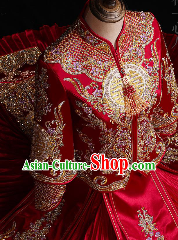 Chinese Traditional Xiuhe Suit Drilling Red Outfits Wedding Embroidered Clothing Classical Bride Toast Costumes Chinese Traditional Xiuhe Suit Drilling Red Outfits Wedding Embroidered Clothing Classical Bride Toast Costumes