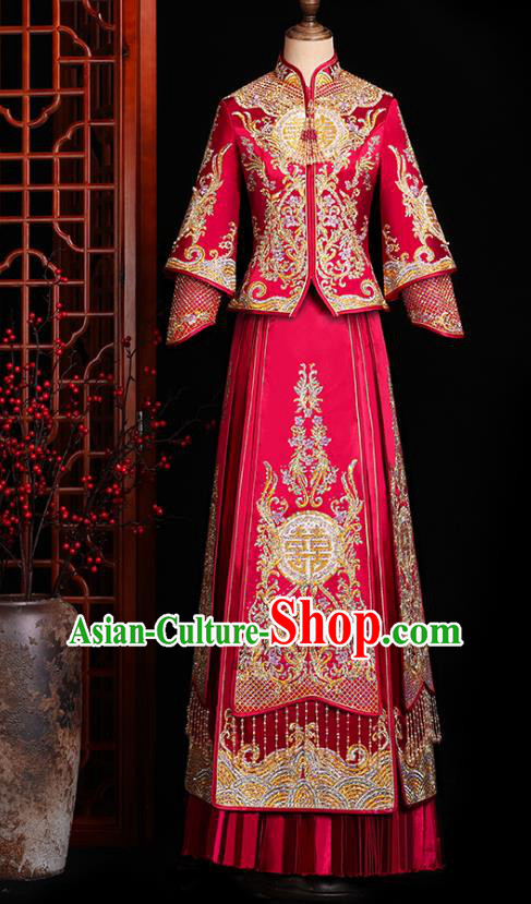 Chinese Traditional Xiuhe Suit Drilling Red Outfits Wedding Embroidered Clothing Classical Bride Toast Costumes Chinese Traditional Xiuhe Suit Drilling Red Outfits Wedding Embroidered Clothing Classical Bride Toast Costumes
