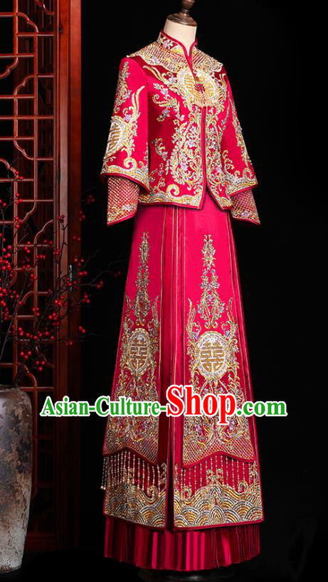 Chinese Traditional Xiuhe Suit Drilling Red Outfits Wedding Embroidered Clothing Classical Bride Toast Costumes Chinese Traditional Xiuhe Suit Drilling Red Outfits Wedding Embroidered Clothing Classical Bride Toast Costumes