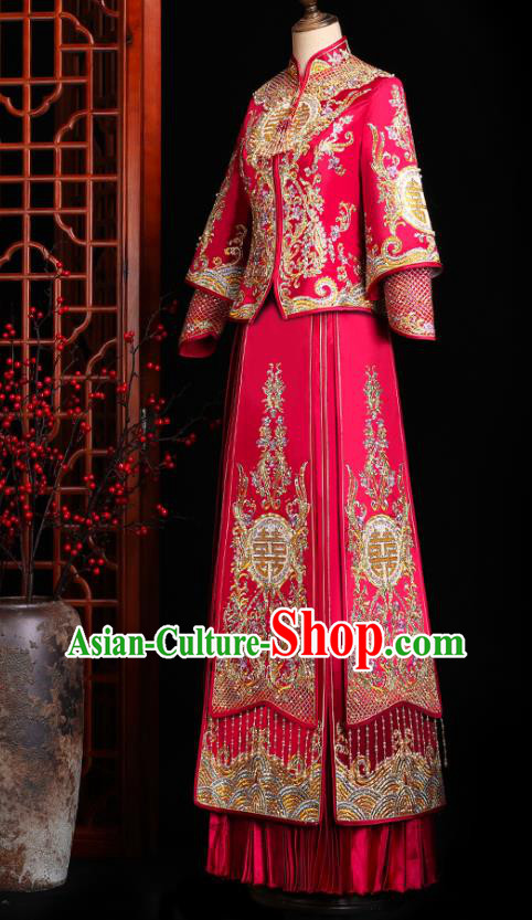 Chinese Traditional Xiuhe Suit Drilling Red Outfits Wedding Embroidered Clothing Classical Bride Toast Costumes Chinese Traditional Xiuhe Suit Drilling Red Outfits Wedding Embroidered Clothing Classical Bride Toast Costumes