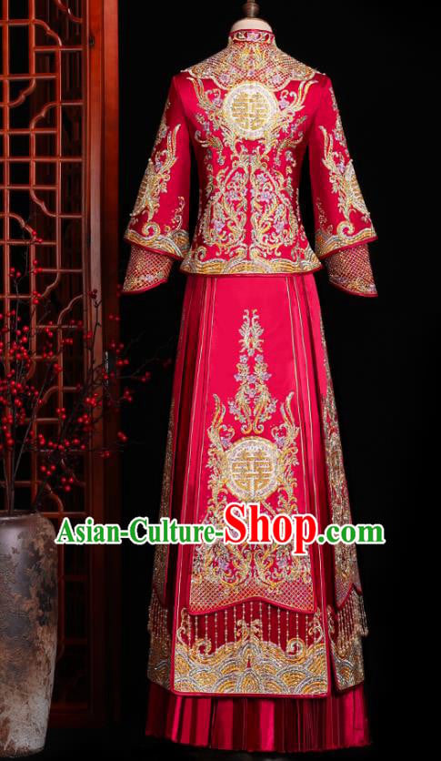 Chinese Traditional Xiuhe Suit Drilling Red Outfits Wedding Embroidered Clothing Classical Bride Toast Costumes Chinese Traditional Xiuhe Suit Drilling Red Outfits Wedding Embroidered Clothing Classical Bride Toast Costumes