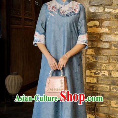Chinese National Qipao Dress Clothing Traditional Embroidered Blue Cheongsam