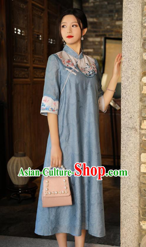 Chinese National Qipao Dress Clothing Traditional Embroidered Blue Cheongsam Chinese National Qipao Dress Clothing Traditional Embroidered Blue Cheongsam