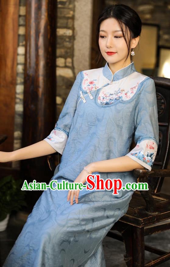 Chinese National Qipao Dress Clothing Traditional Embroidered Blue Cheongsam Chinese National Qipao Dress Clothing Traditional Embroidered Blue Cheongsam
