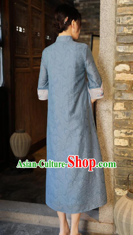 Chinese National Qipao Dress Clothing Traditional Embroidered Blue Cheongsam Chinese National Qipao Dress Clothing Traditional Embroidered Blue Cheongsam