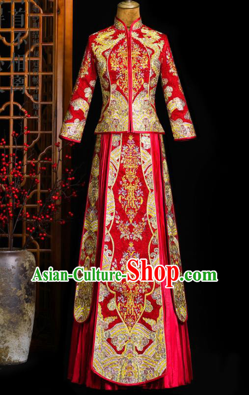 Chinese Classical Bride Toast Costumes Traditional Xiuhe Suit Drilling Red Outfits Wedding Embroidered Clothing Chinese Classical Bride Toast Costumes Traditional Xiuhe Suit Drilling Red Outfits Wedding Embroidered Clothing