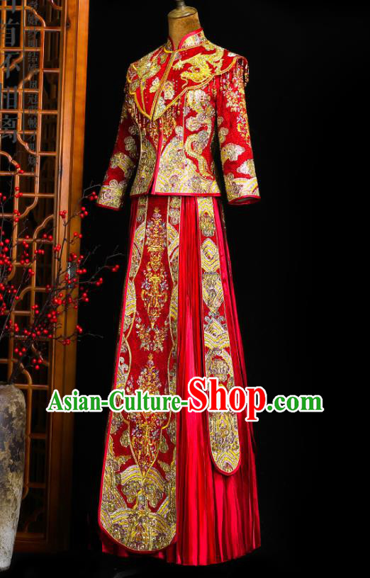 Chinese Classical Bride Toast Costumes Traditional Xiuhe Suit Drilling Red Outfits Wedding Embroidered Clothing Chinese Classical Bride Toast Costumes Traditional Xiuhe Suit Drilling Red Outfits Wedding Embroidered Clothing
