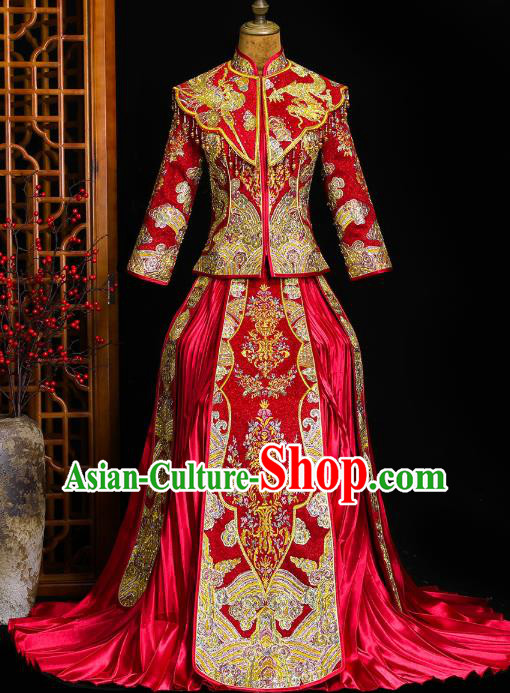Chinese Classical Bride Toast Costumes Traditional Xiuhe Suit Drilling Red Outfits Wedding Embroidered Clothing Chinese Classical Bride Toast Costumes Traditional Xiuhe Suit Drilling Red Outfits Wedding Embroidered Clothing