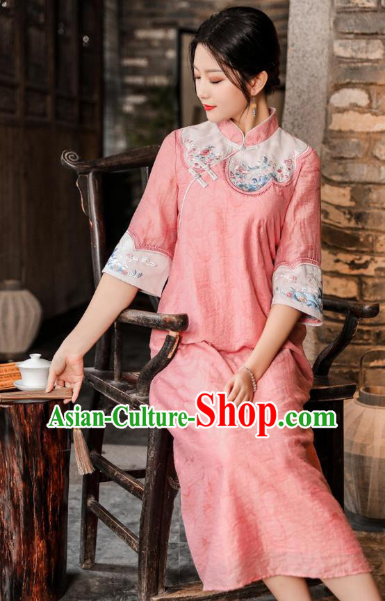Chinese National Women Clothing Qipao Dress Traditional Embroidered Pink Cheongsam Chinese National Women Clothing Qipao Dress Traditional Embroidered Pink Cheongsam
