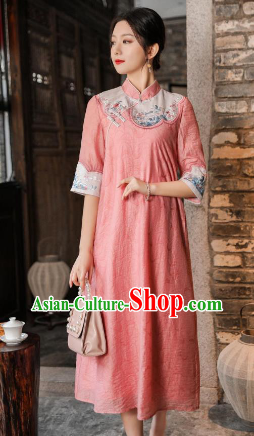 Chinese National Women Clothing Qipao Dress Traditional Embroidered Pink Cheongsam Chinese National Women Clothing Qipao Dress Traditional Embroidered Pink Cheongsam
