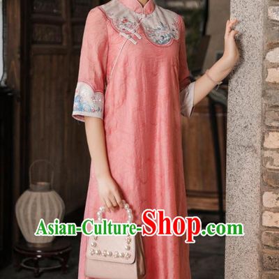 Chinese National Women Clothing Qipao Dress Traditional Embroidered Pink Cheongsam