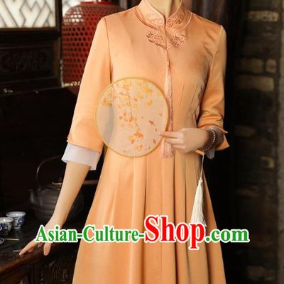 Chinese Traditional Embroidered Orange Cheongsam National Women Zen Clothing Qipao Dress