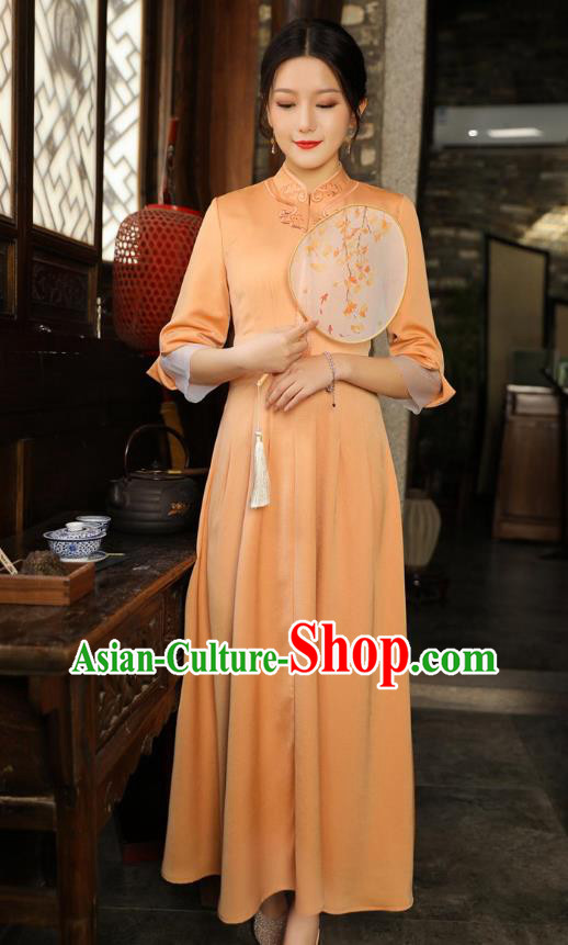 Chinese Traditional Embroidered Orange Cheongsam National Women Zen Clothing Qipao Dress Chinese Traditional Embroidered Orange Cheongsam National Women Zen Clothing Qipao Dress