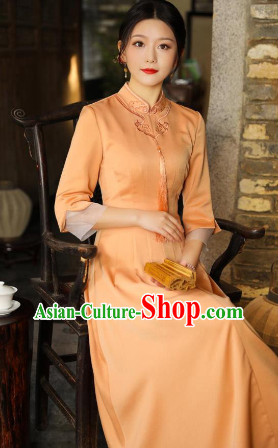 Chinese Traditional Embroidered Orange Cheongsam National Women Zen Clothing Qipao Dress Chinese Traditional Embroidered Orange Cheongsam National Women Zen Clothing Qipao Dress