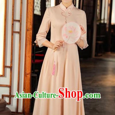 Chinese Apricot Qipao Dress Traditional Embroidered Cheongsam National Women Zen Clothing
