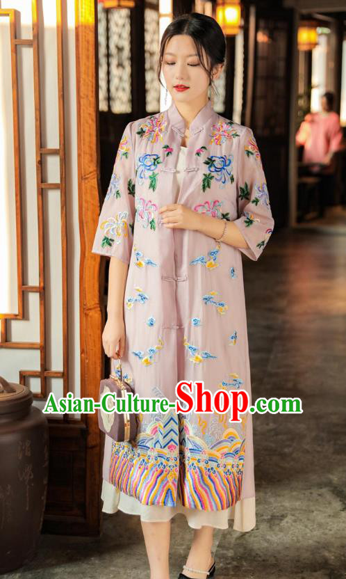 China Woman Embroidered Pink Dust Coat Traditional Tang Suit Outer Garment China Woman Embroidered Pink Dust Coat Traditional Tang Suit Outer Garment