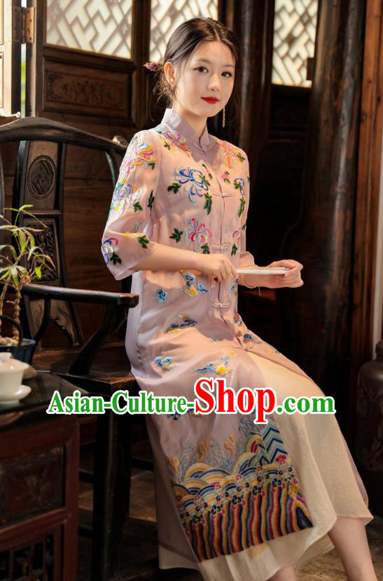 China Woman Embroidered Pink Dust Coat Traditional Tang Suit Outer Garment China Woman Embroidered Pink Dust Coat Traditional Tang Suit Outer Garment