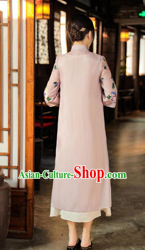 China Woman Embroidered Pink Dust Coat Traditional Tang Suit Outer Garment China Woman Embroidered Pink Dust Coat Traditional Tang Suit Outer Garment
