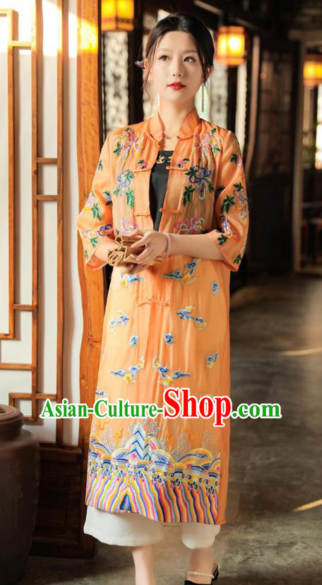 China Traditional Tang Suit Outer Garment Woman Embroidered Orange Dust Coat China Traditional Tang Suit Outer Garment Woman Embroidered Orange Dust Coat