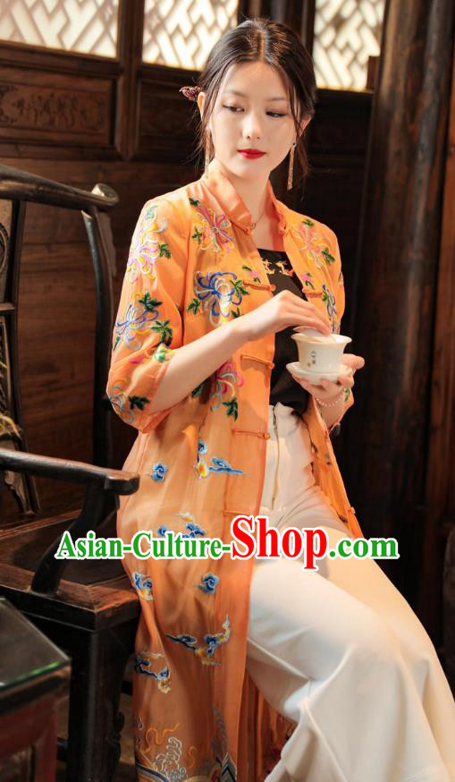 China Traditional Tang Suit Outer Garment Woman Embroidered Orange Dust Coat China Traditional Tang Suit Outer Garment Woman Embroidered Orange Dust Coat