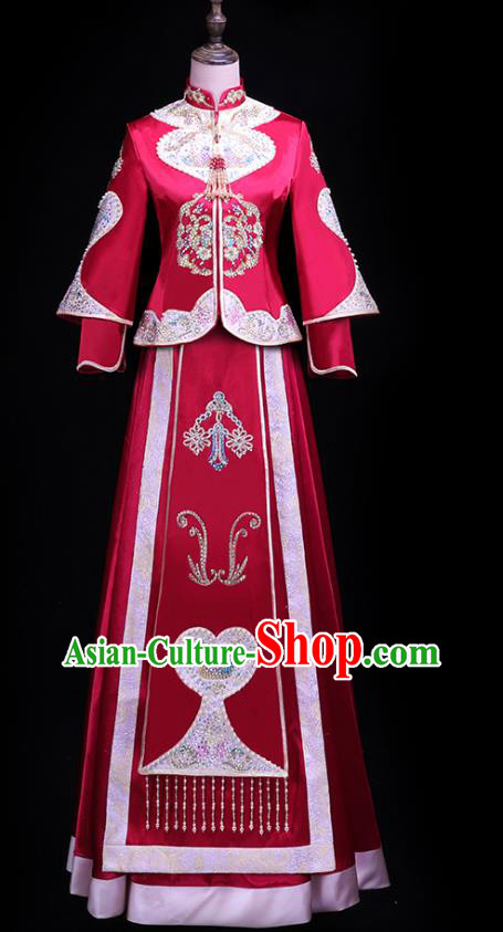 Chinese Bride Toast Embroidered Costumes Traditional Wine Red Xiuhe Suit Wedding Outfits Clothing Chinese Bride Toast Embroidered Costumes Traditional Wine Red Xiuhe Suit Wedding Outfits Clothing