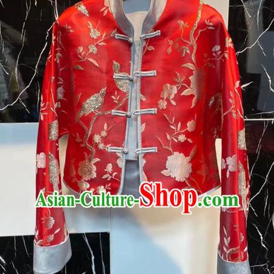 China Traditional Tang Suit Overcoat Woman Embroidered Red Brocade Jacket