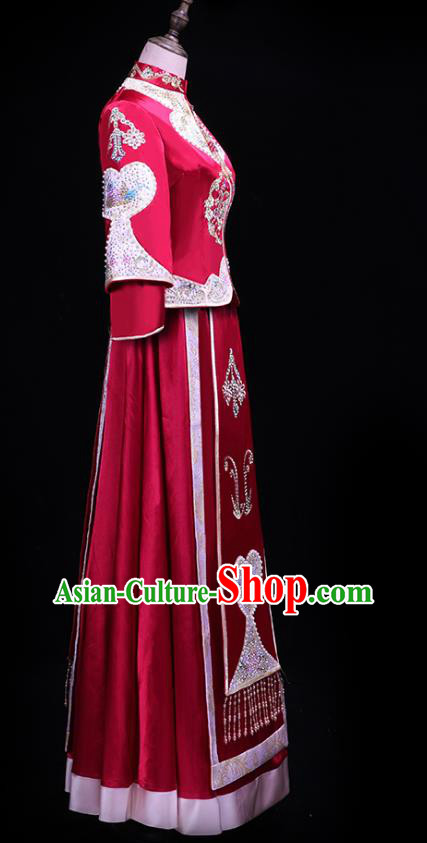 Chinese Bride Toast Embroidered Costumes Traditional Wine Red Xiuhe Suit Wedding Outfits Clothing Chinese Bride Toast Embroidered Costumes Traditional Wine Red Xiuhe Suit Wedding Outfits Clothing