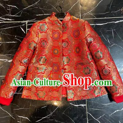 China Woman New Year Red Brocade Jacket Traditional Tang Suit Overcoat