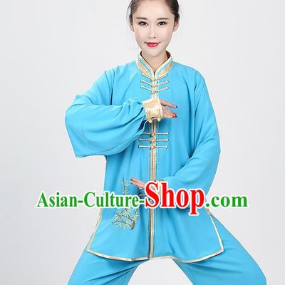 China Female Kung Fu Training Clothing Traditional Martial Arts Competition Embroidered Bamboo Blue Uniforms