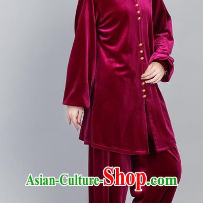 China Martial Arts Wine Red Pleuche Uniforms Kung Fu Training Clothing Tai Chi Performance Costumes