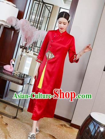 Chinese Classical Embroidered Red Silk Qipao Dress Traditional Cheongsam National Women Zen Clothing Chinese Classical Embroidered Red Silk Qipao Dress Traditional Cheongsam National Women Zen Clothing