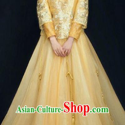 Chinese Wedding Toast Clothing Embroidery Yellow Veil Outfits Ancient Bride Costumes Traditional Xiuhe Suit