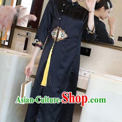 Chinese National Women Zen Clothing Classical Embroidered Navy Silk Qipao Dress Traditional Cheongsam