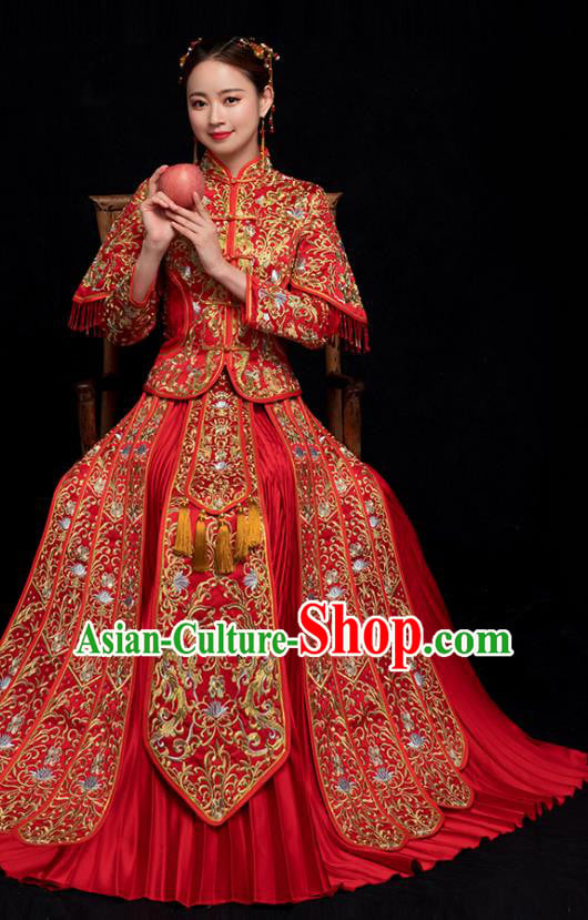 Chinese Ancient Bride Embroidery Costumes Traditional Xiuhe Suit Wedding Toast Clothing Red Tassel Outfits Chinese Ancient Bride Embroidery Costumes Traditional Xiuhe Suit Wedding Toast Clothing Red Tassel Outfits
