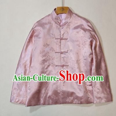 China Traditional Tang Suit Outer Garment Woman Classical Plum Blossom Pattern Pink Silk Jacket