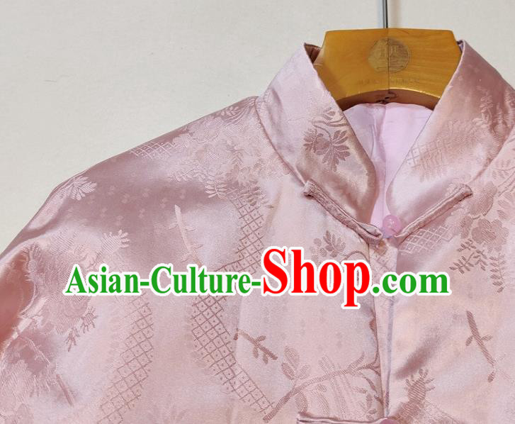 China Traditional Tang Suit Outer Garment Woman Classical Plum Blossom Pattern Pink Silk Jacket China Traditional Tang Suit Outer Garment Woman Classical Plum Blossom Pattern Pink Silk Jacket