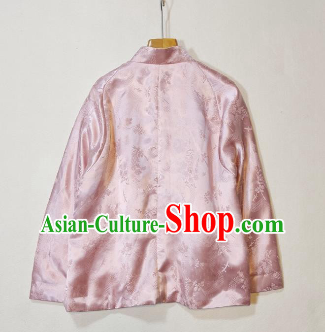 China Traditional Tang Suit Outer Garment Woman Classical Plum Blossom Pattern Pink Silk Jacket China Traditional Tang Suit Outer Garment Woman Classical Plum Blossom Pattern Pink Silk Jacket