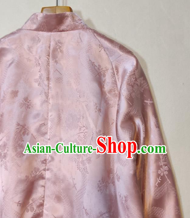China Traditional Tang Suit Outer Garment Woman Classical Plum Blossom Pattern Pink Silk Jacket China Traditional Tang Suit Outer Garment Woman Classical Plum Blossom Pattern Pink Silk Jacket