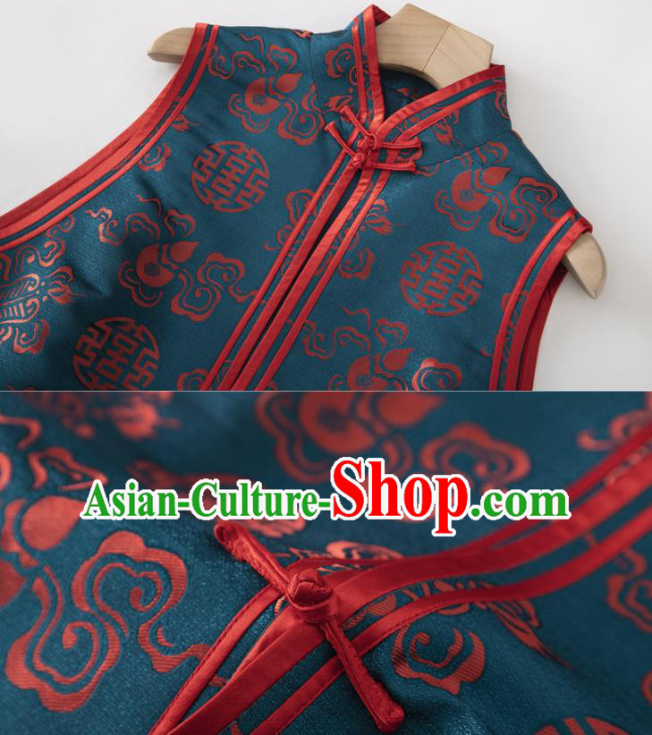 Chinese National Blue Brocade Vest Upper Outer Garment Tang Suit Waistcoat Chinese National Blue Brocade Vest Upper Outer Garment Tang Suit Waistcoat