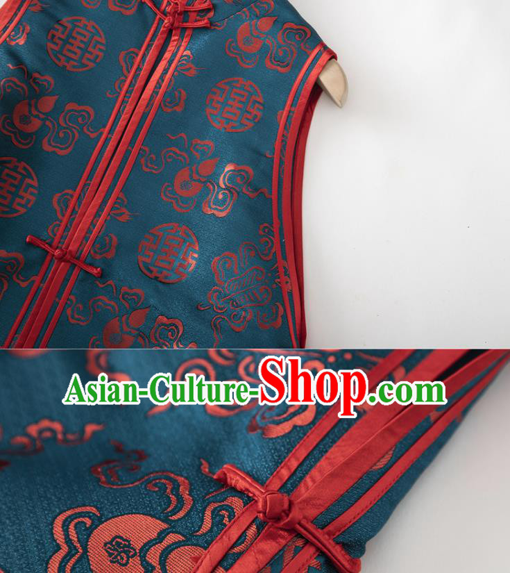 Chinese National Blue Brocade Vest Upper Outer Garment Tang Suit Waistcoat Chinese National Blue Brocade Vest Upper Outer Garment Tang Suit Waistcoat