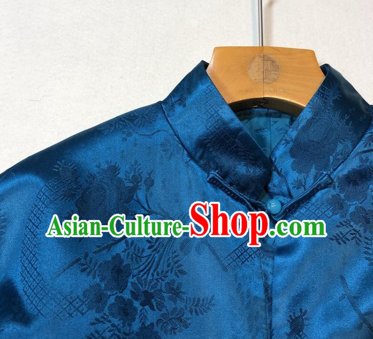 China Woman Classical Deep Blue Silk Jacket Traditional Tang Suit Outer Garment China Woman Classical Deep Blue Silk Jacket Traditional Tang Suit Outer Garment