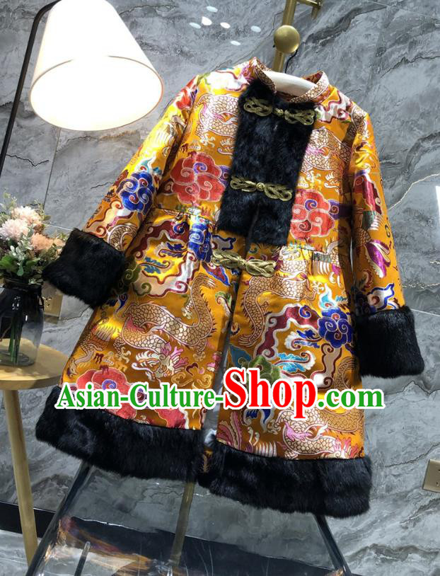 China Woman Classical Dragon Pattern Golden Brocade Jacket Traditional Tang Suit Cotton Padded Coat China Woman Classical Dragon Pattern Golden Brocade Jacket Traditional Tang Suit Cotton Padded Coat