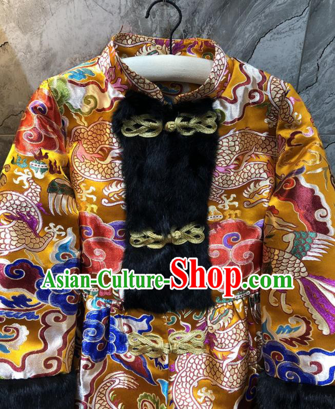 China Woman Classical Dragon Pattern Golden Brocade Jacket Traditional Tang Suit Cotton Padded Coat China Woman Classical Dragon Pattern Golden Brocade Jacket Traditional Tang Suit Cotton Padded Coat